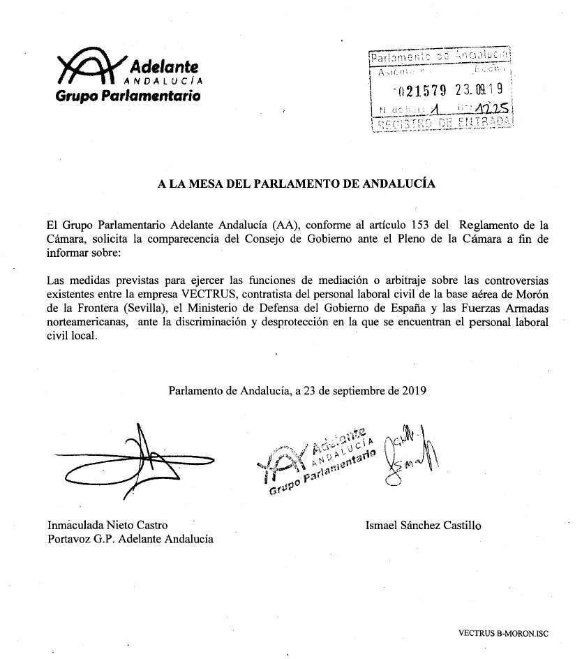 Solicitud de comparecencia del Consejo de Gobierno ante la despotrección de los trabajador civiles locales de la base de Morón.