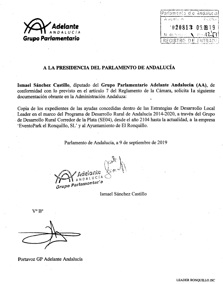 Petición de documentación sobre ayudas concedidas dentro del Programa LEADER al Ayuntamiento de El Ronquillo