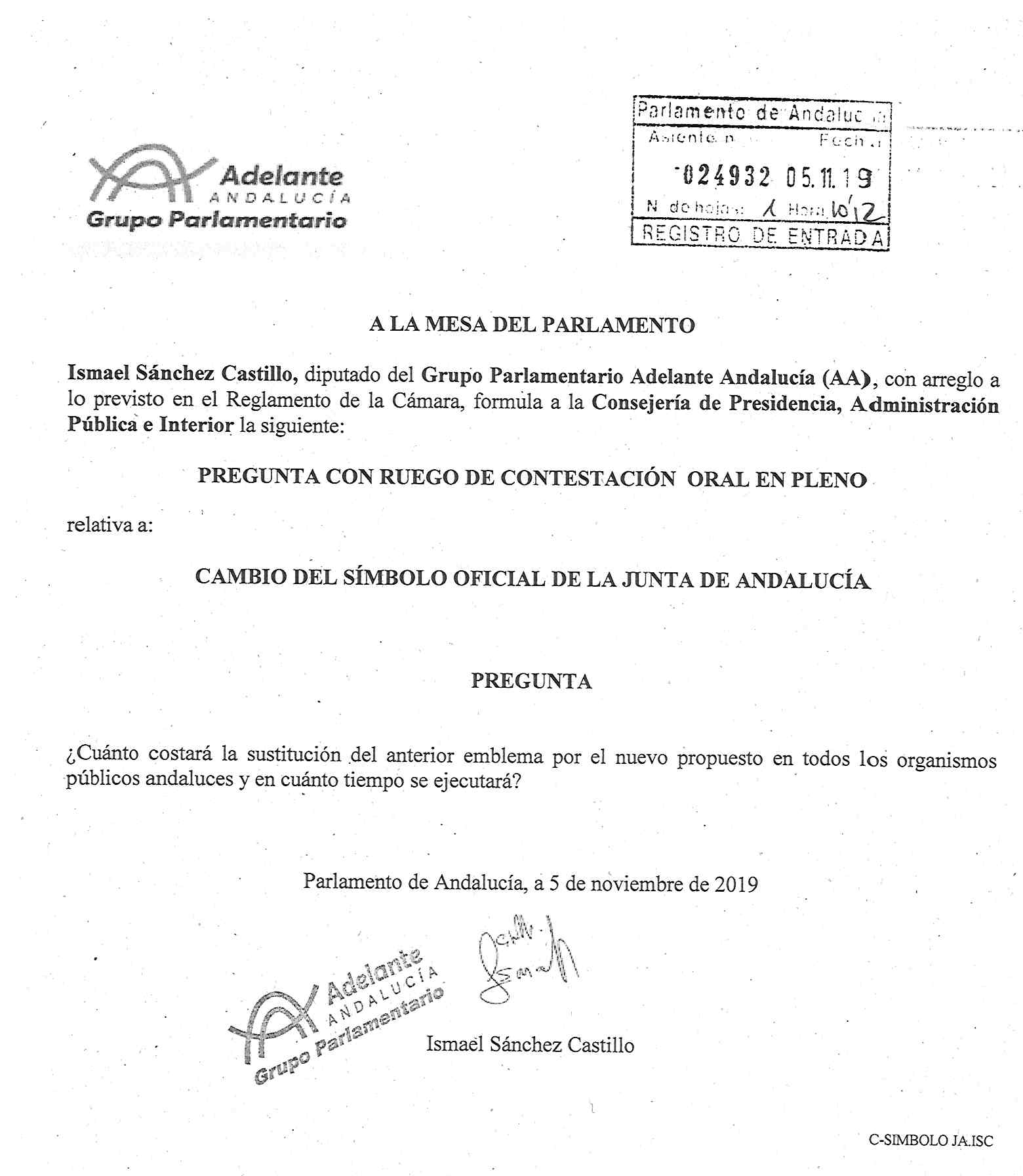 Pregunta a Pleno sobre el cambio del símbolo oficial de la Junta de Andalucía